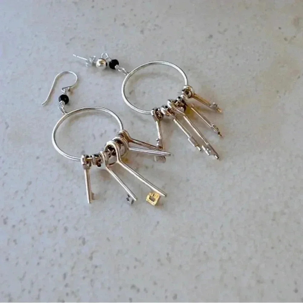 Key Hoop Earrings, Jane The Virgin,Solid Sterling Silver,Black Spinel - Picture 3 of 3
